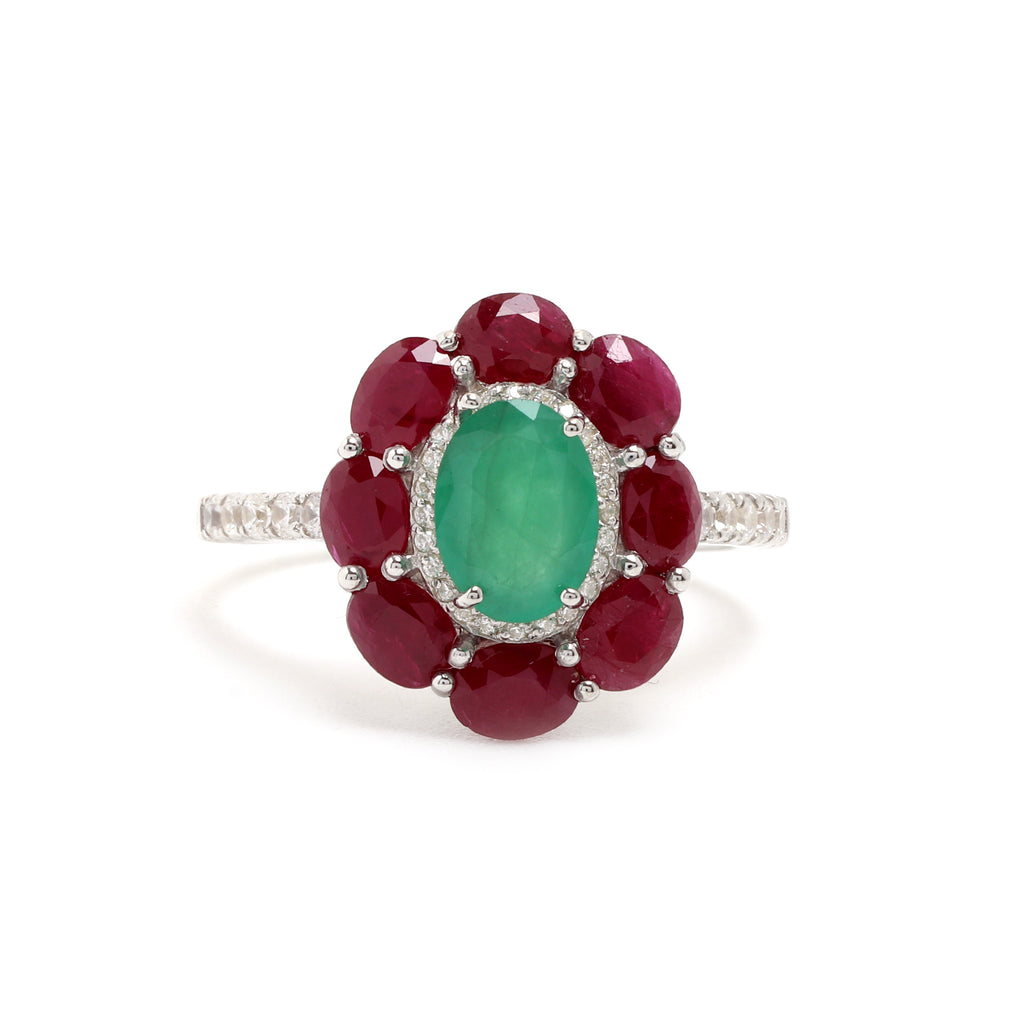 Emerald & Ruby Flower Halo Ring in 925 Sterling Silver
