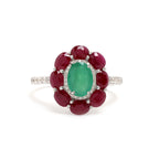 Emerald & Ruby Flower Halo Ring in 925 Sterling Silver