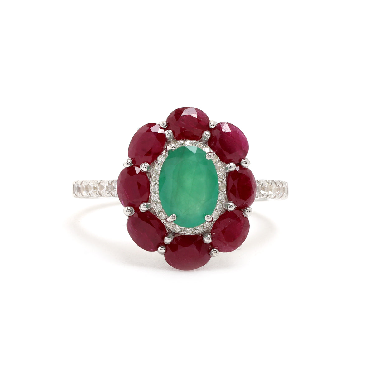 Emerald & Ruby Flower Halo Ring in 925 Sterling Silver