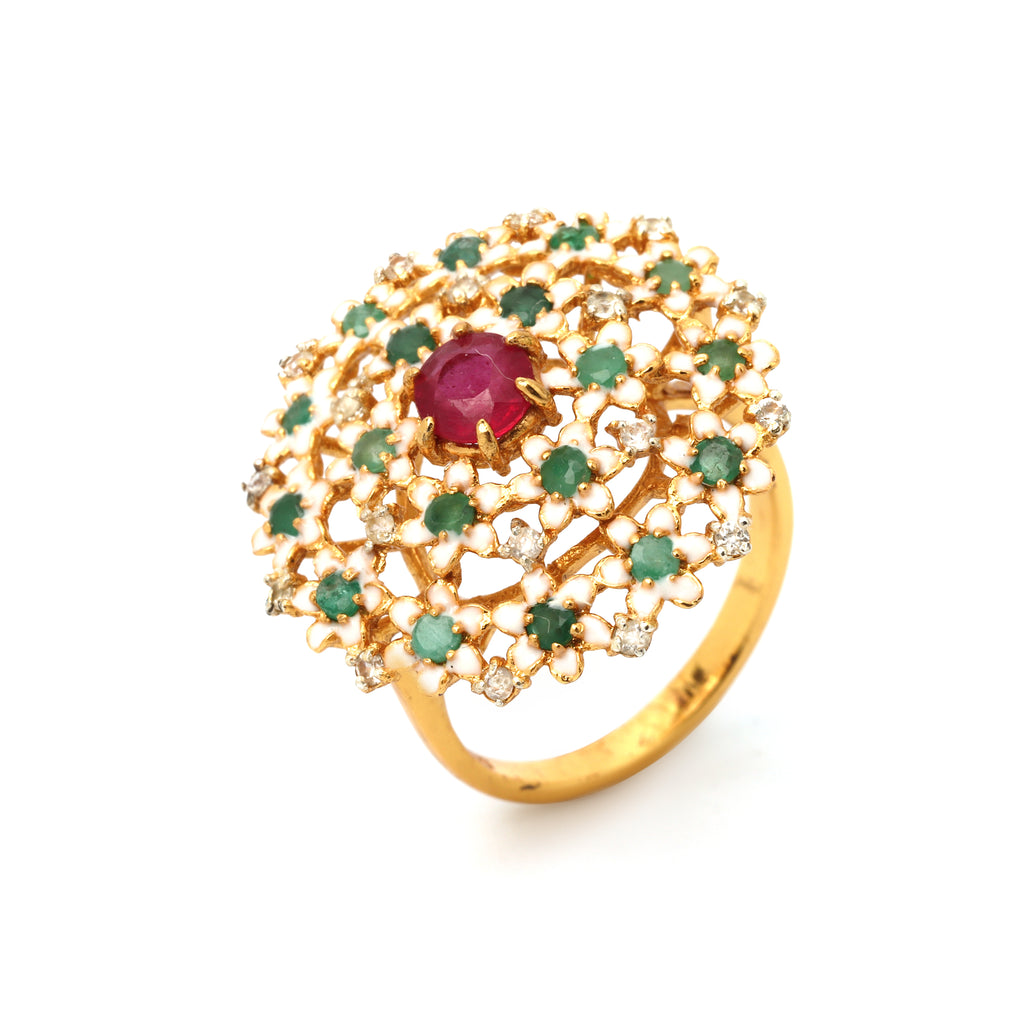 Gold plated ruby and emerald floral ring in 925 sterling silver with enamel details