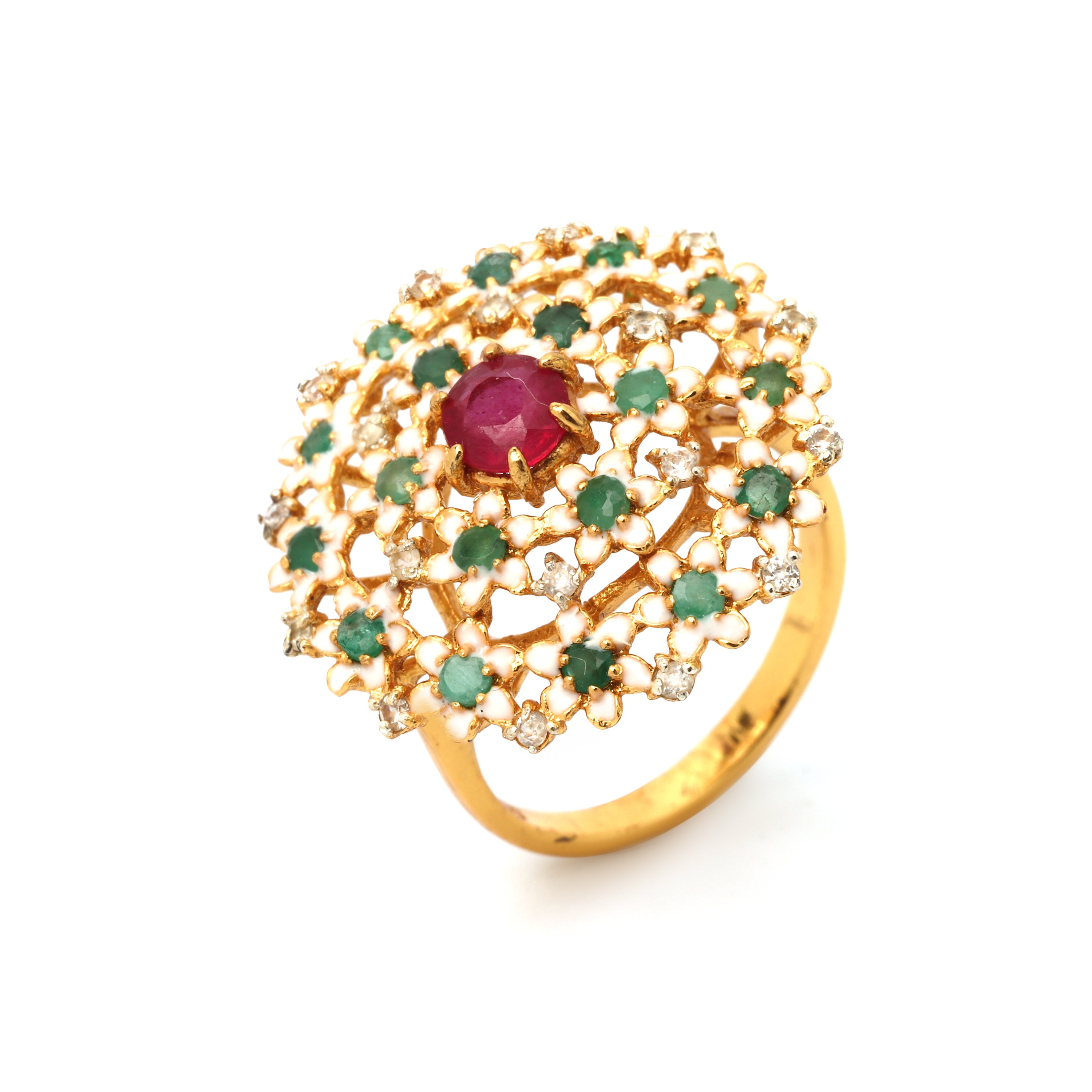 Gold plated ruby and emerald floral ring in 925 sterling silver with enamel details