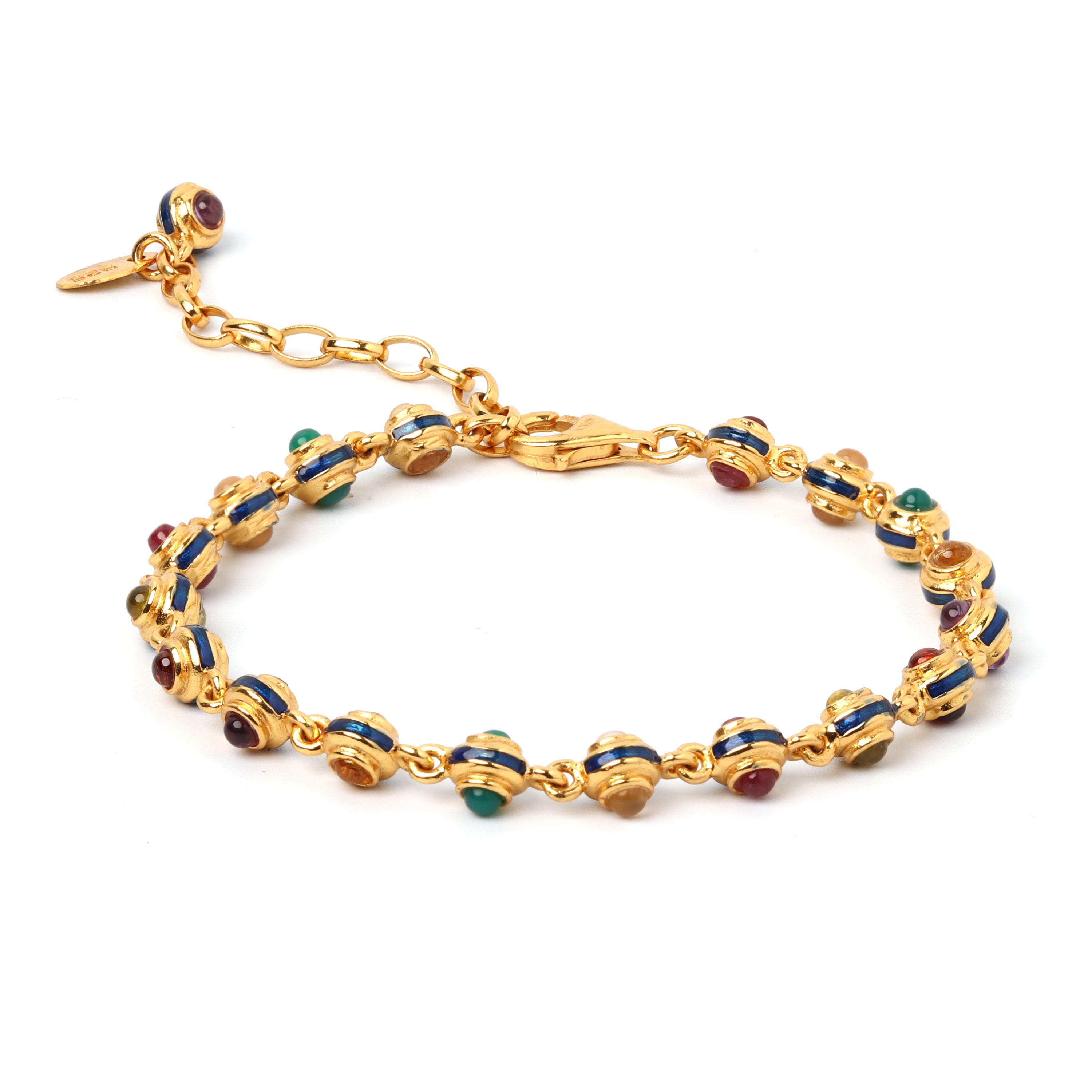 Gold plated multi gemstone bracelet in 925 sterling silver with blue enamel accents