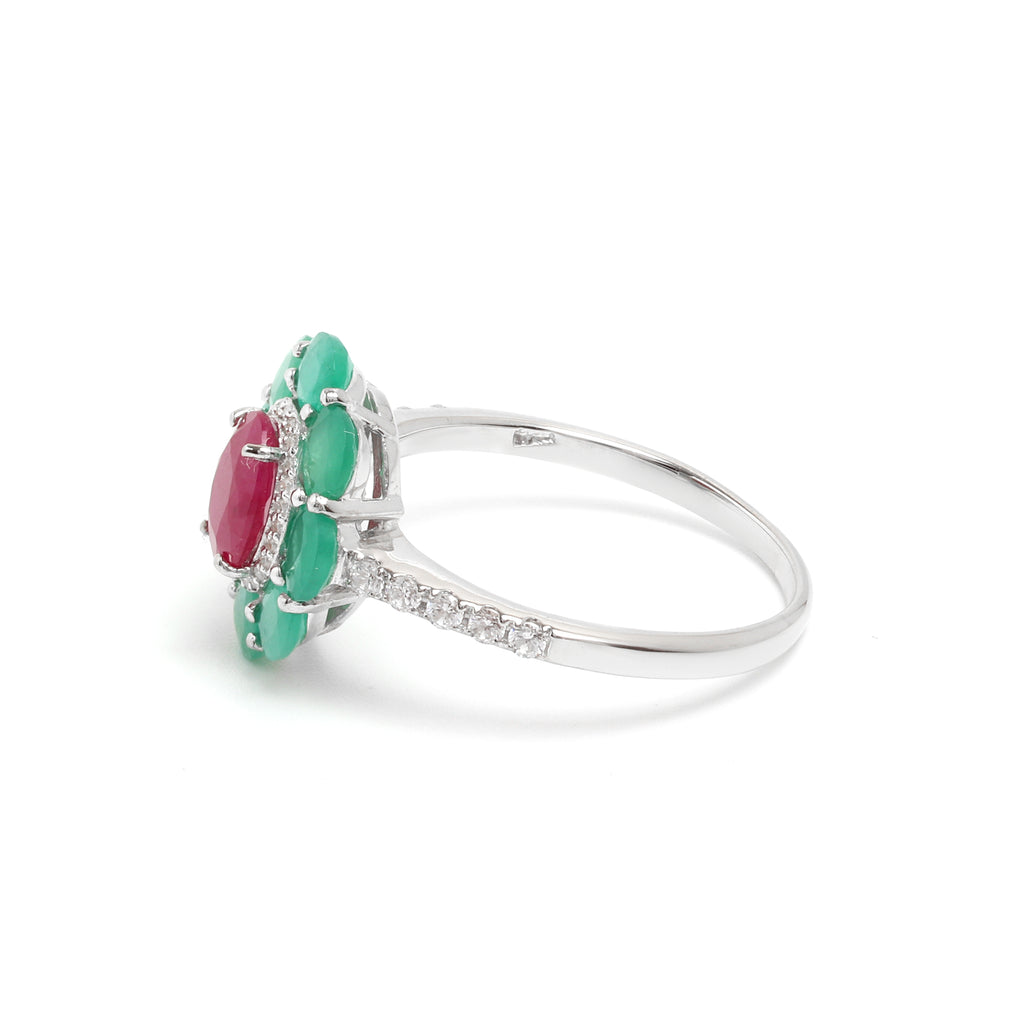 Ruby & Emerald Flower Halo Ring in 925 Sterling Silver