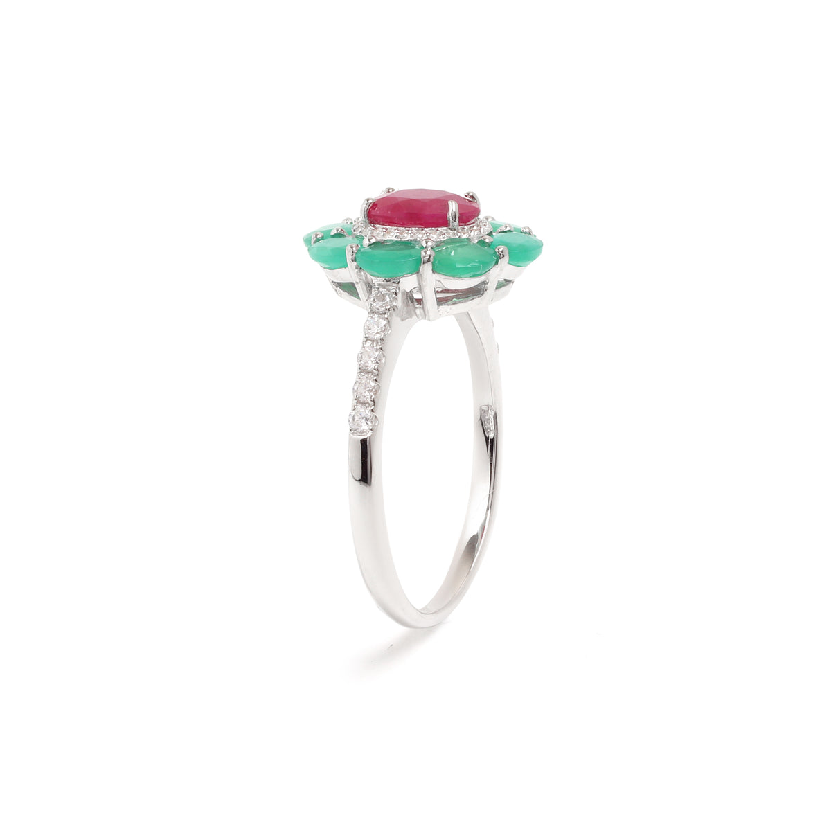 Ruby & Emerald Flower Halo Ring in 925 Sterling Silver