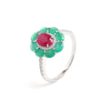 Ruby & Emerald Flower Halo Ring in 925 Sterling Silver