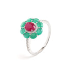 Ruby & Emerald Flower Halo Ring in 925 Sterling Silver