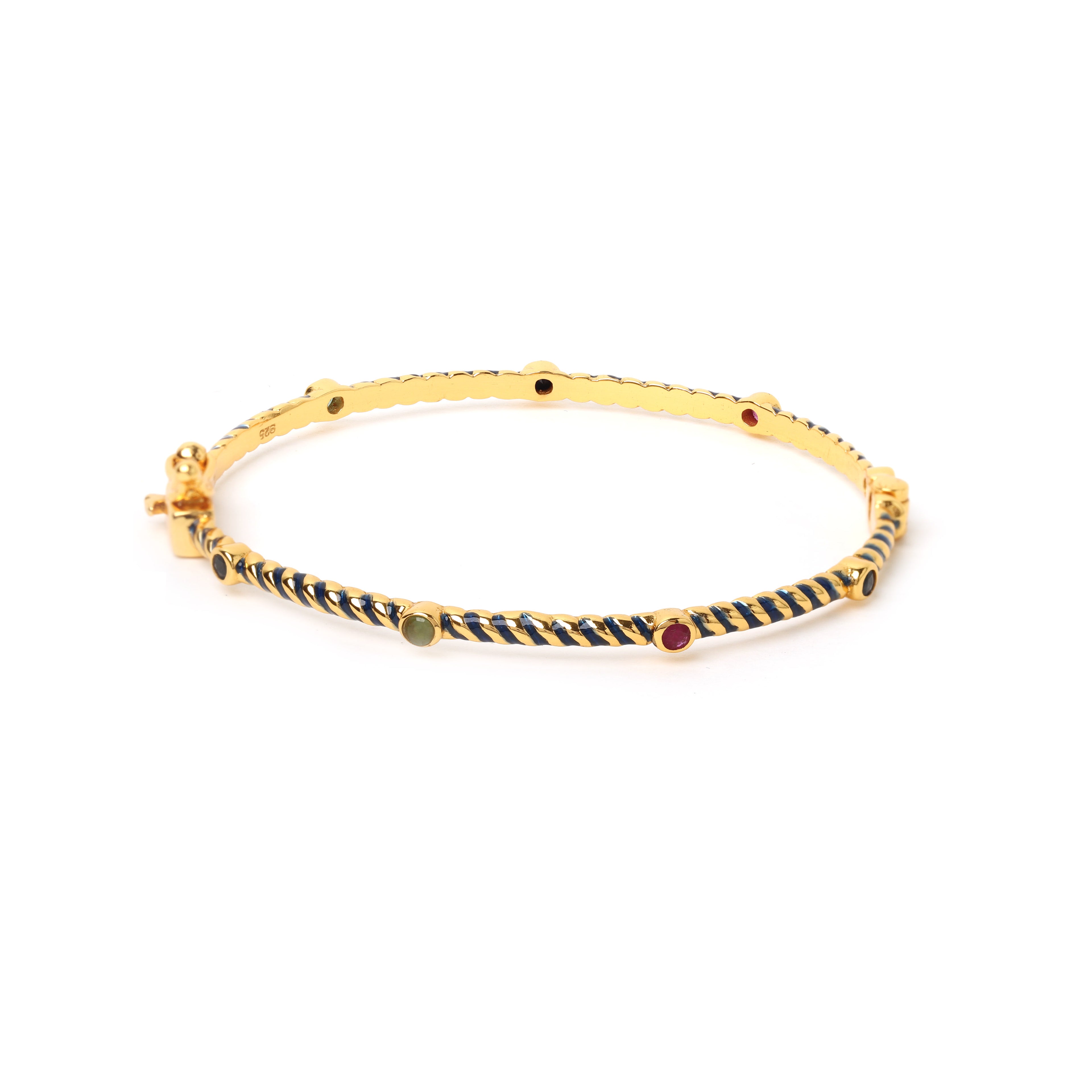Blue enamel gemstone bangle in gold plated sterling silver