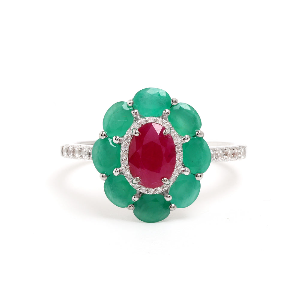 Ruby & Emerald Flower Halo Ring in 925 Sterling Silver
