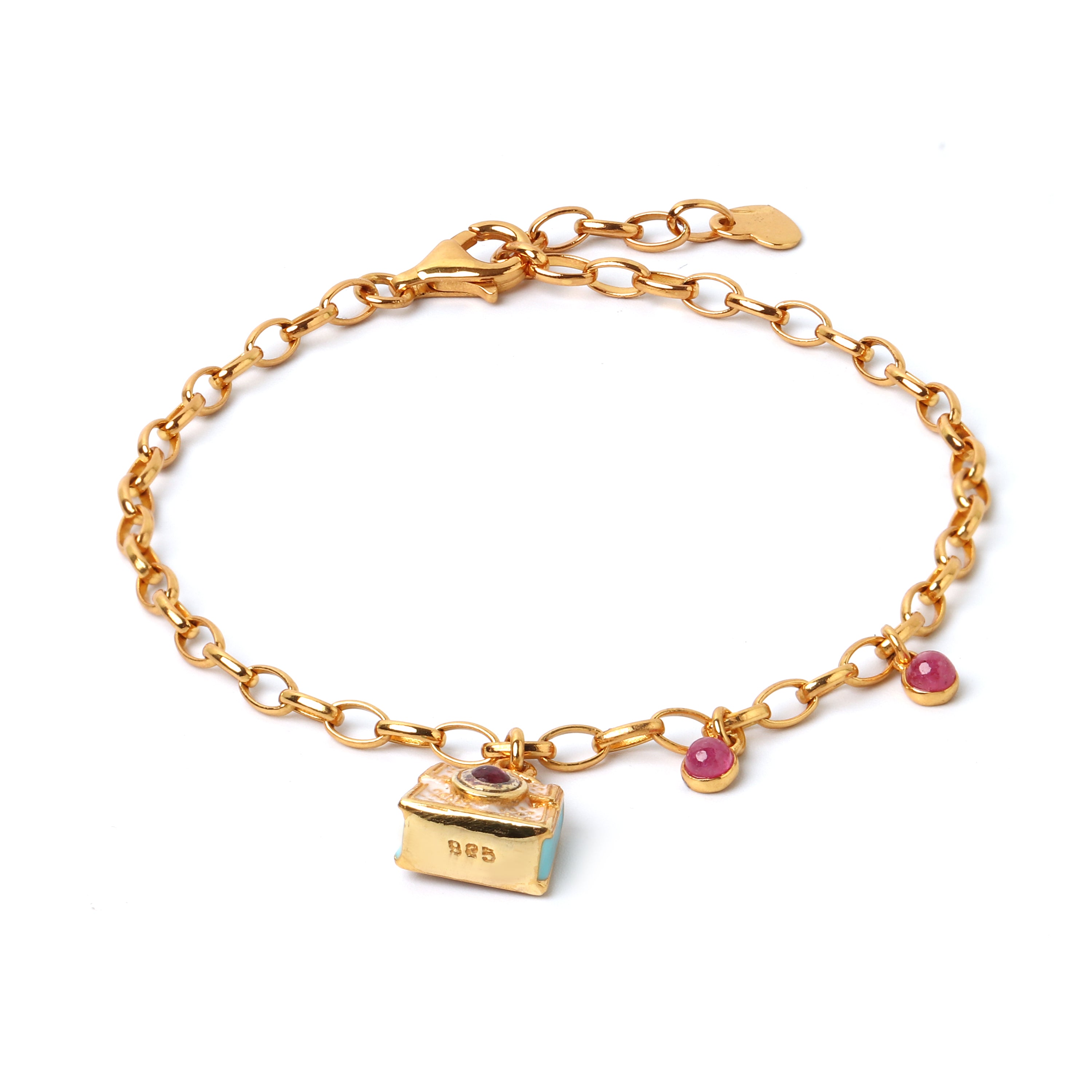Gold plated ruby charm bracelet in 925 sterling silver with delicate chain design