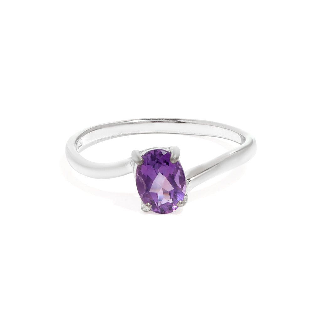 Natural Amethyst Oval Solitaire Ring in 925 Sterling Silver