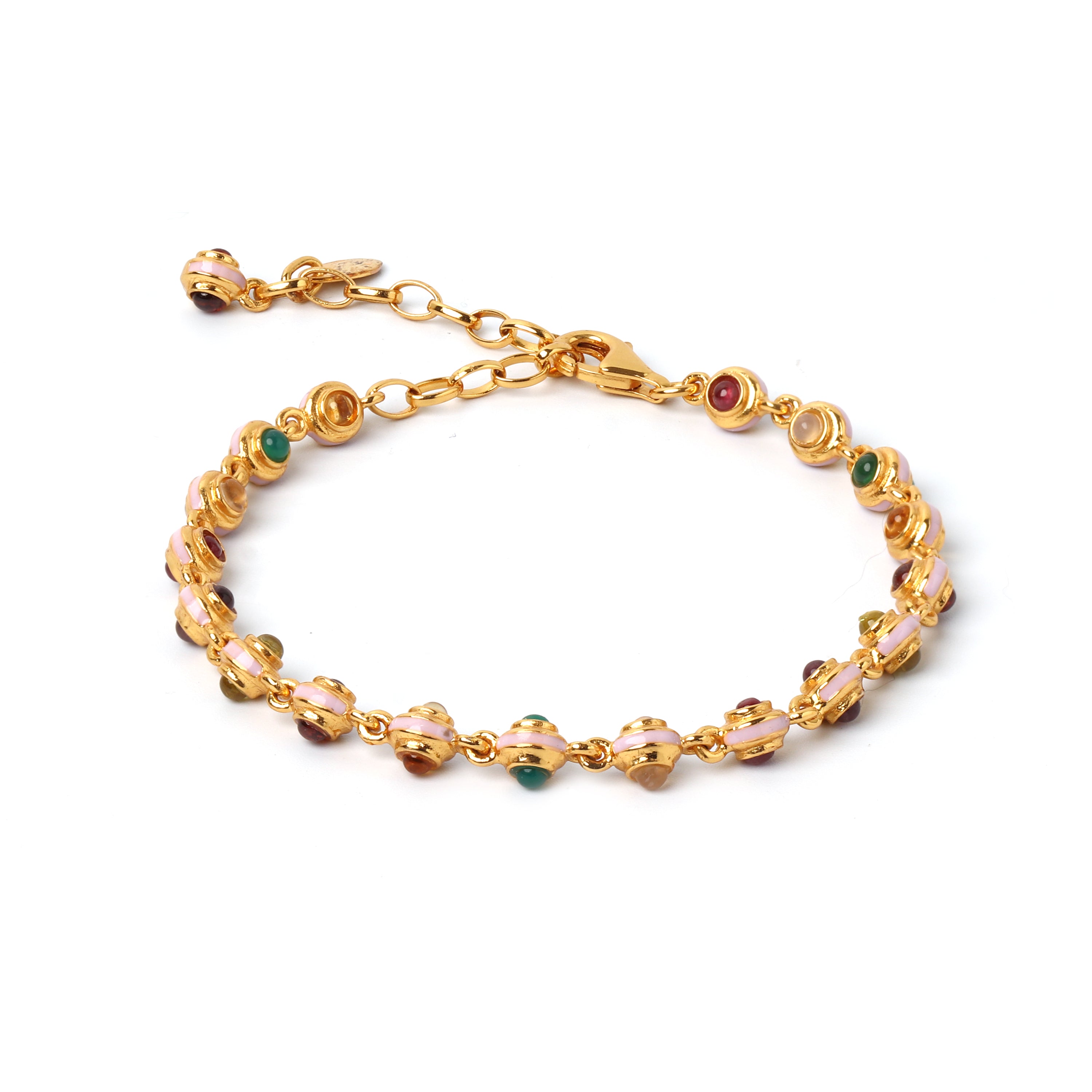 Gold plated multi gemstone bracelet in 925 sterling silver with pink enamel accents