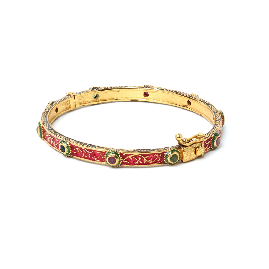 Handcrafted multigemstone bangle with red enamel detailing