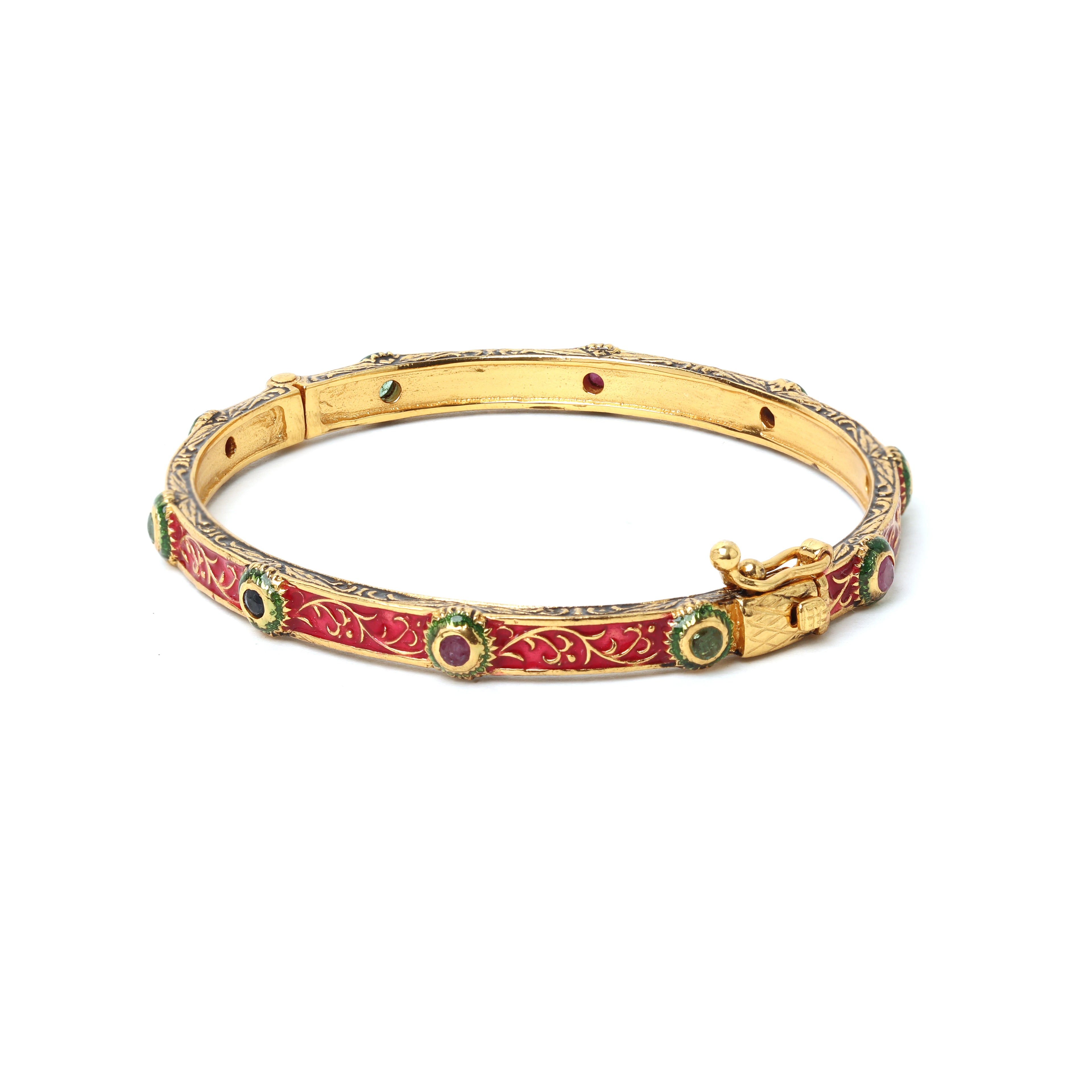 Handcrafted multigemstone bangle with red enamel detailing