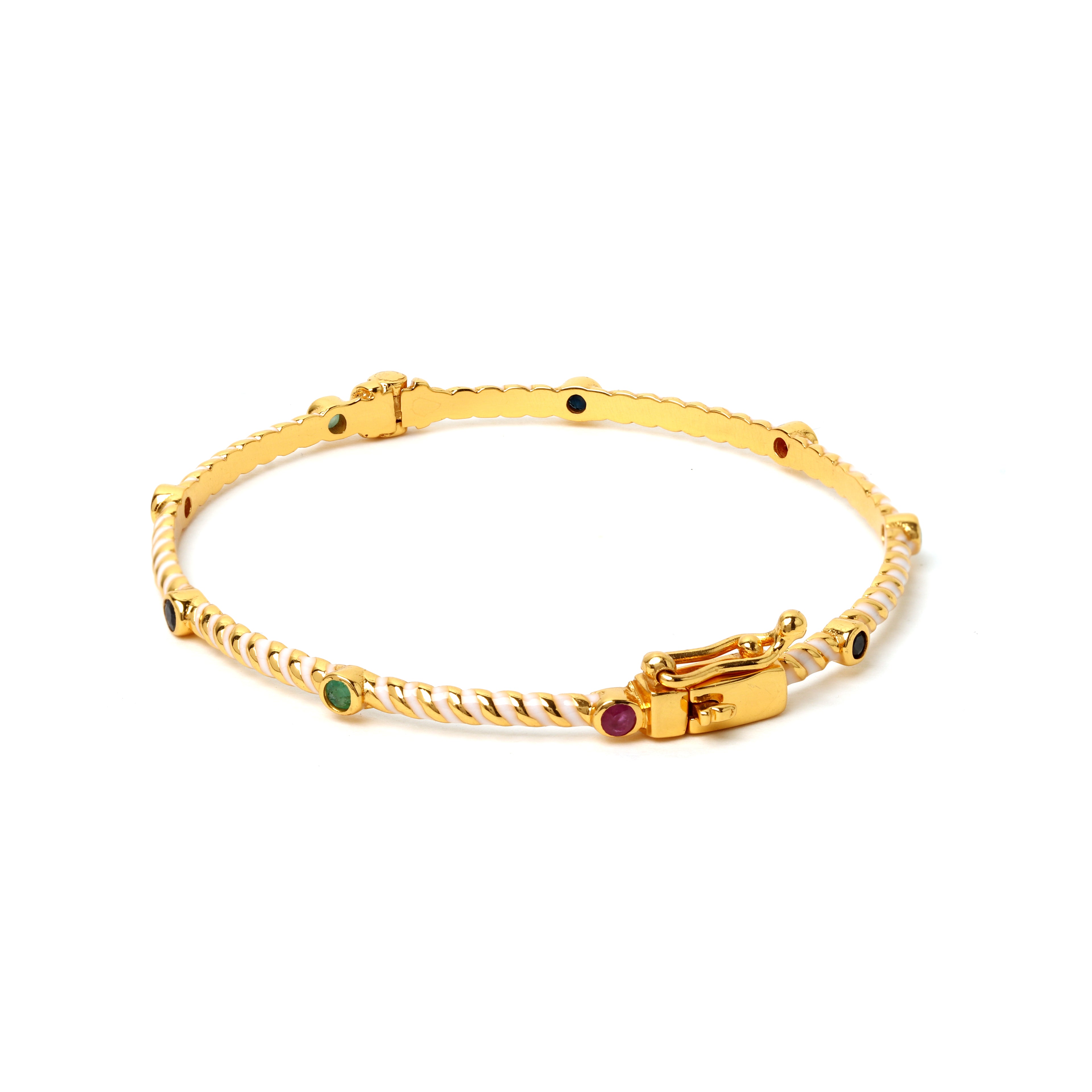Emerald ruby sapphire bangle with white enamel accents