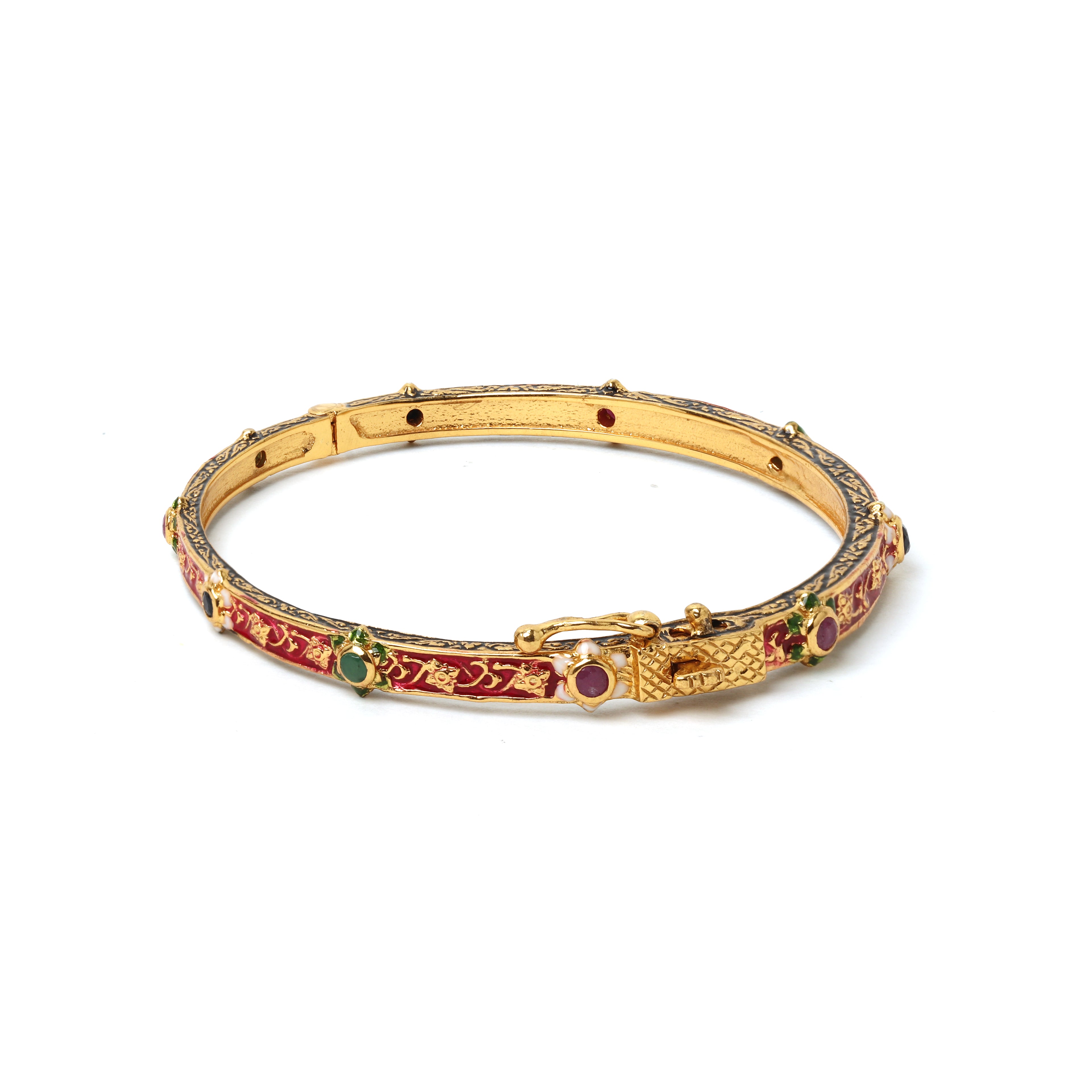 Handcrafted multigemstone bracelet with red enamel detailing