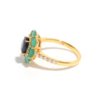 Blue Sapphire & Emerald Flower Halo Ring in 18K Gold-Plated Sterling Silver