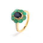 Blue Sapphire & Emerald Flower Halo Ring in 18K Gold-Plated Sterling Silver