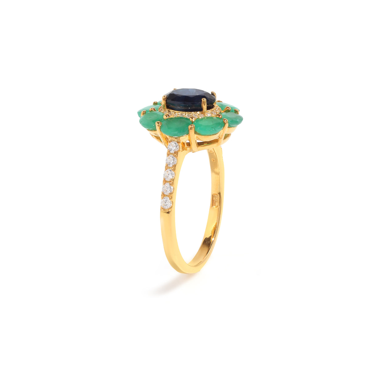 Blue Sapphire & Emerald Flower Halo Ring in 18K Gold-Plated Sterling Silver