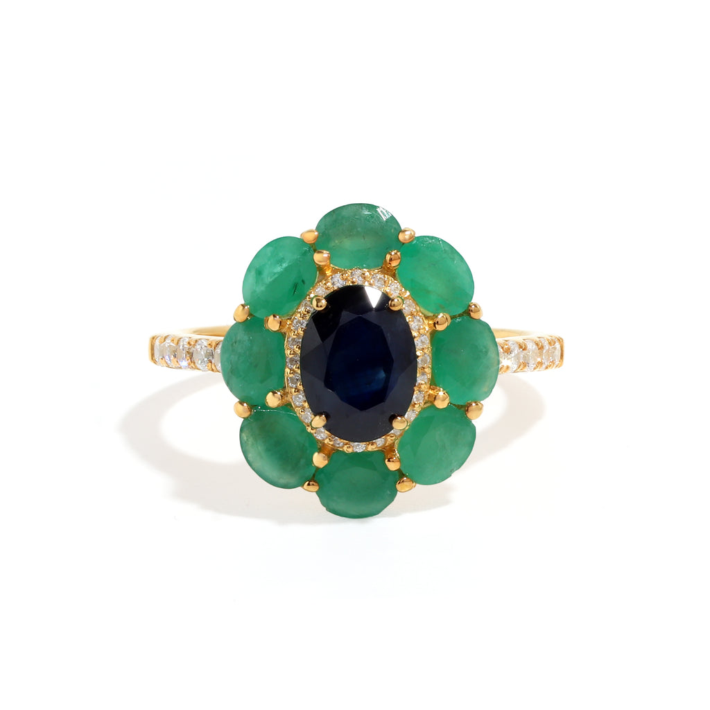 Blue Sapphire & Emerald Flower Halo Ring in 18K Gold-Plated Sterling Silver
