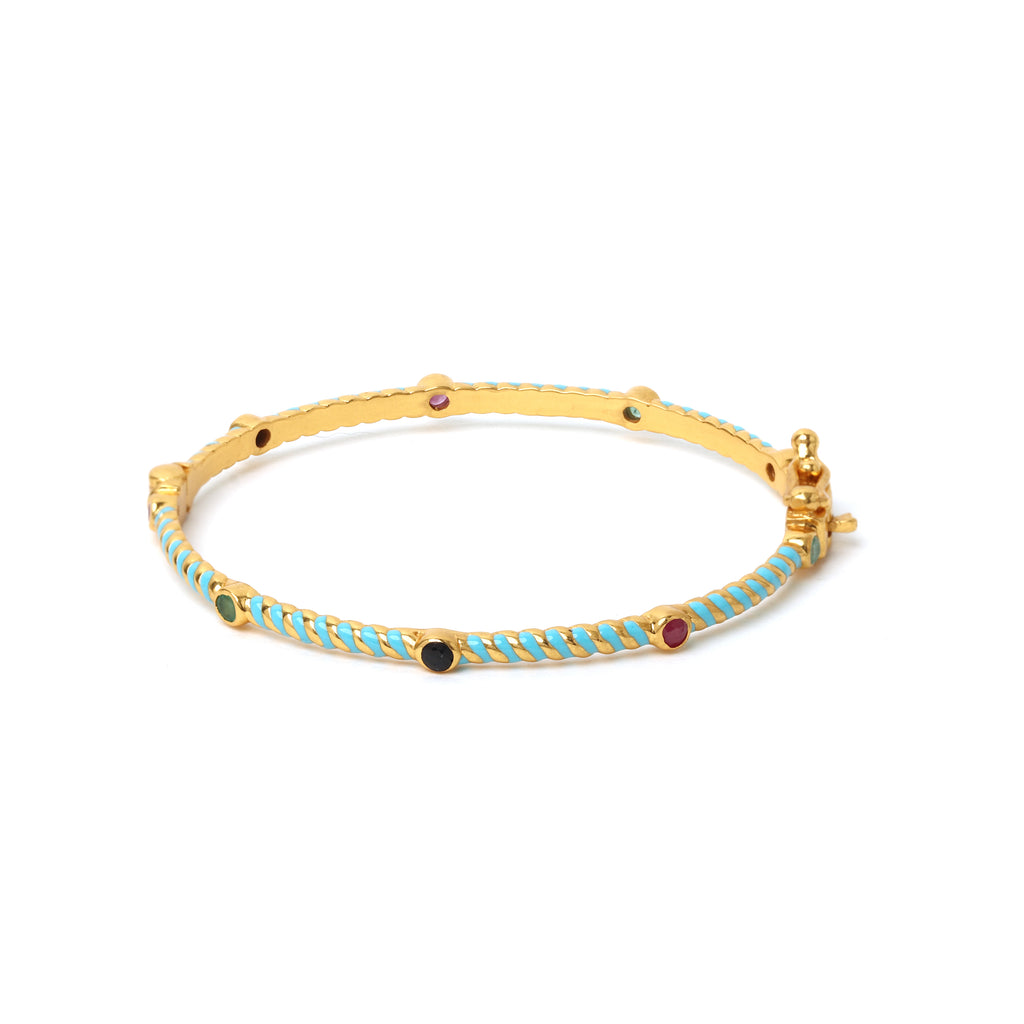 Emerald ruby sapphire bracelet with blue enamel in gold plated sterling silver