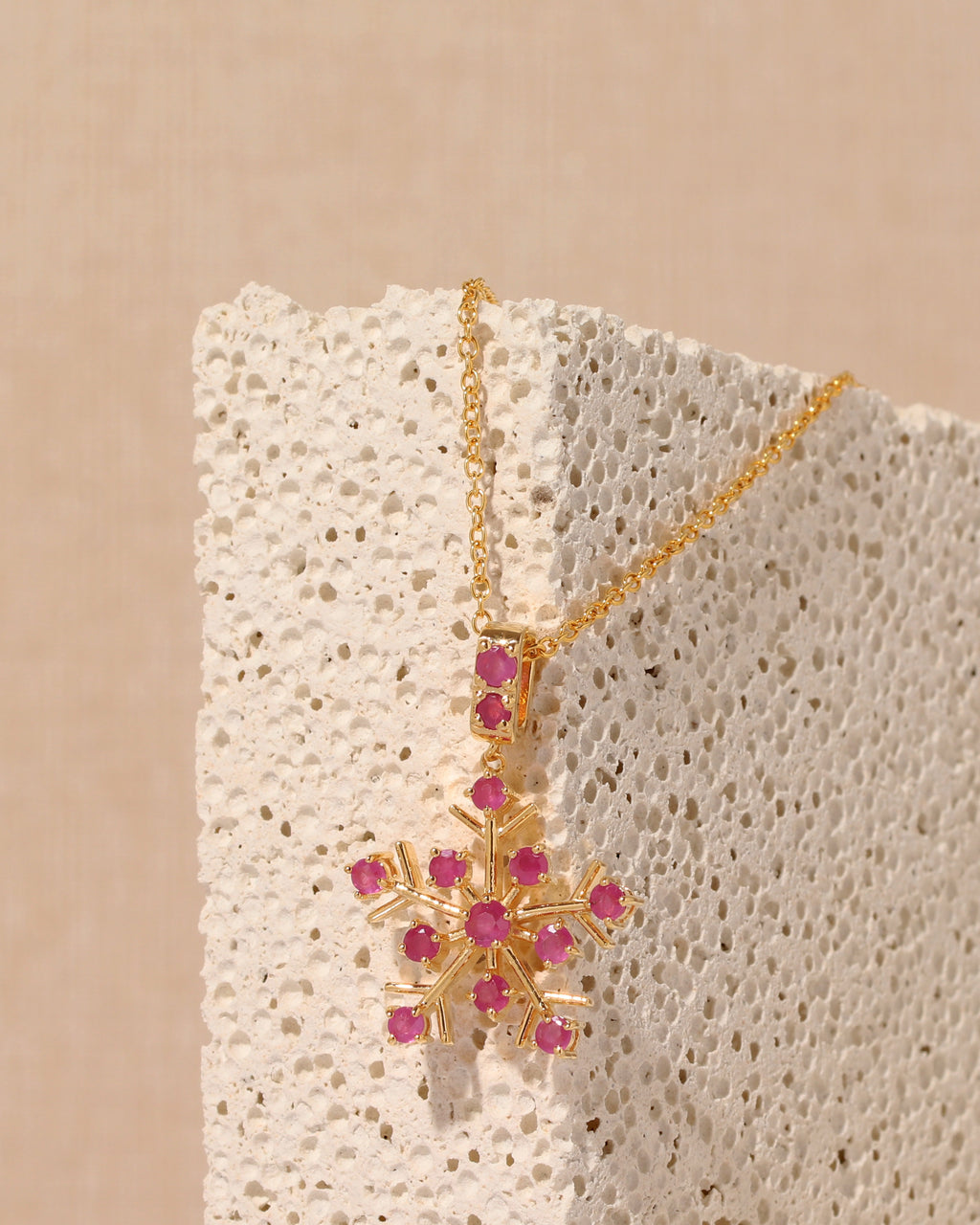 Ruby Snowflake Pendant Necklace Charm in 18K Gold