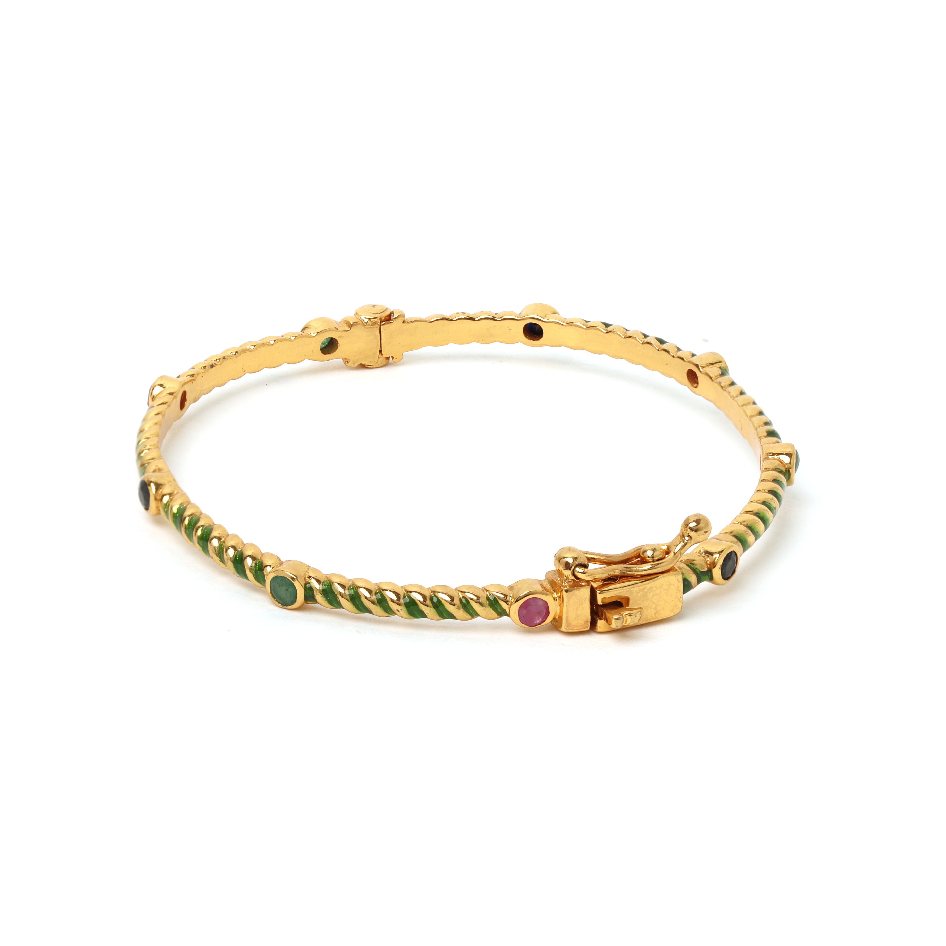 Emerald ruby sapphire bracelet with green enamel detailing