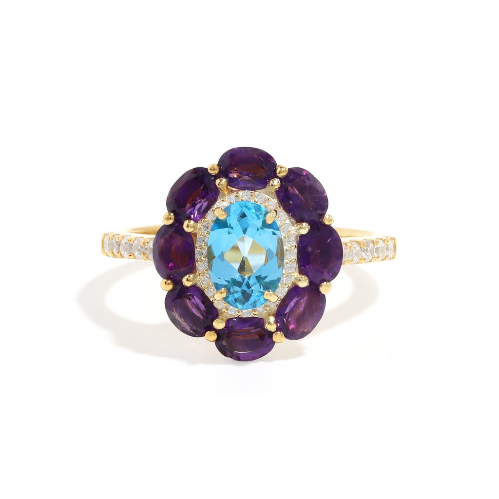Blue Topaz & Amethyst Flower Halo Ring in 18K Gold-Plated Sterling Silver