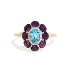 Blue Topaz & Amethyst Flower Halo Ring in 18K Gold-Plated Sterling Silver