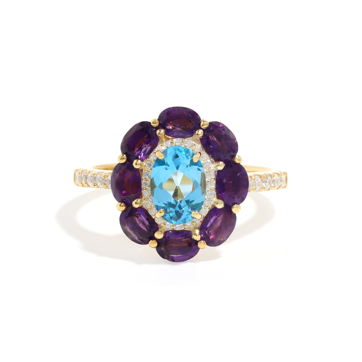 Blue Topaz & Amethyst Flower Halo Ring in 18K Gold-Plated Sterling Silver