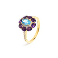 Blue Topaz & Amethyst Flower Halo Ring in 18K Gold-Plated Sterling Silver