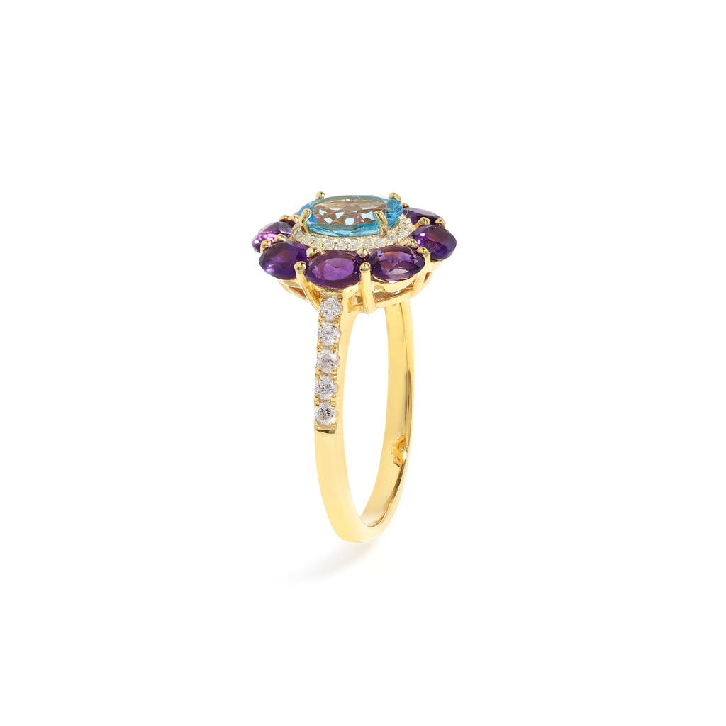 Blue Topaz & Amethyst Flower Halo Ring in 18K Gold-Plated Sterling Silver