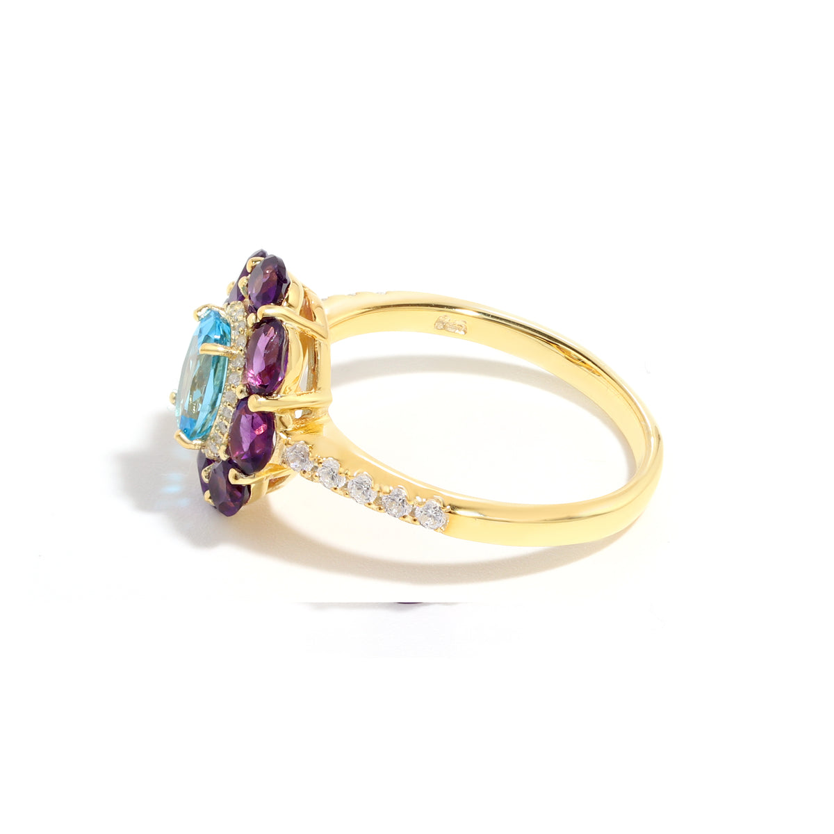 Blue Topaz & Amethyst Flower Halo Ring in 18K Gold-Plated Sterling Silver