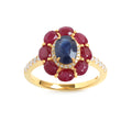 Blue Sapphire & Ruby Flower Halo Ring in 18K Gold-Plated Sterling Silver