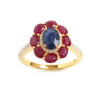 Blue Sapphire & Ruby Flower Halo Ring in 18K Gold-Plated Sterling Silver