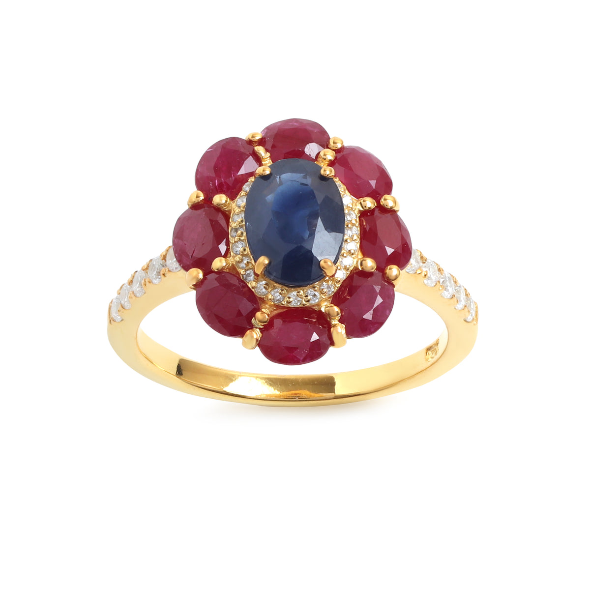 Blue Sapphire & Ruby Flower Halo Ring in 18K Gold-Plated Sterling Silver