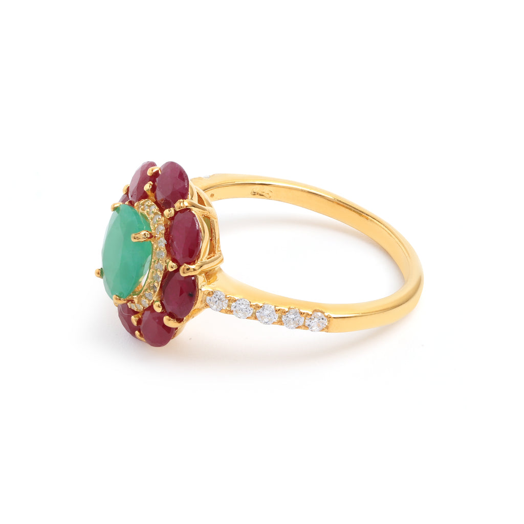 Emerald & Ruby Flower Halo Ring in 18K Gold-Plated Sterling Silver