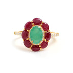 Emerald & Ruby Flower Halo Ring in 18K Gold-Plated Sterling Silver