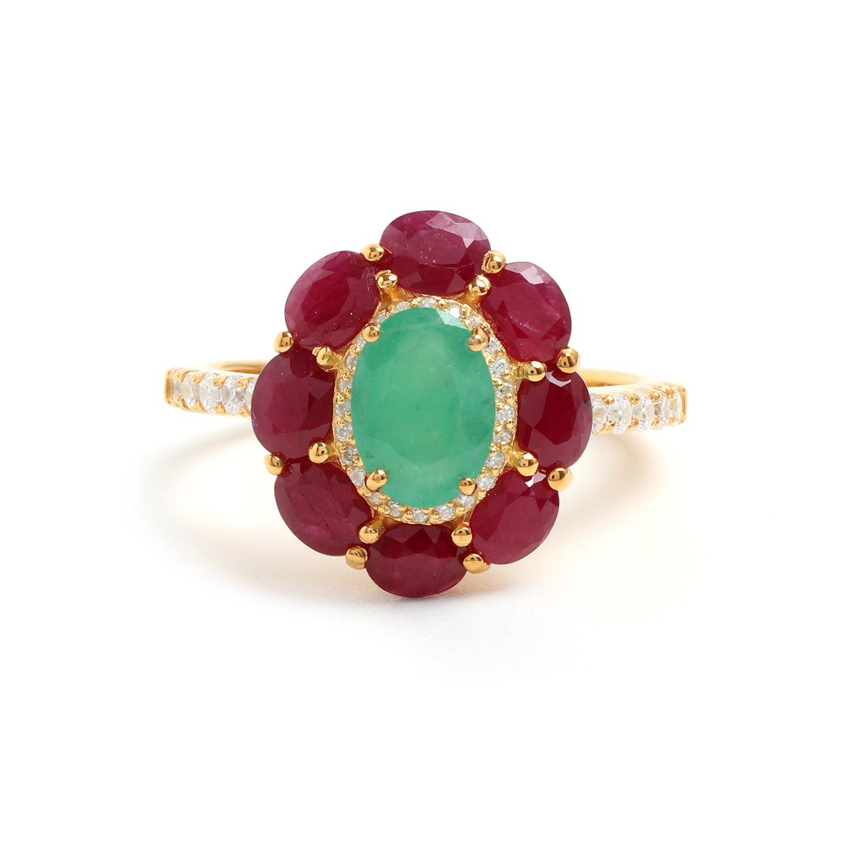 Emerald & Ruby Flower Halo Ring in 18K Gold-Plated Sterling Silver