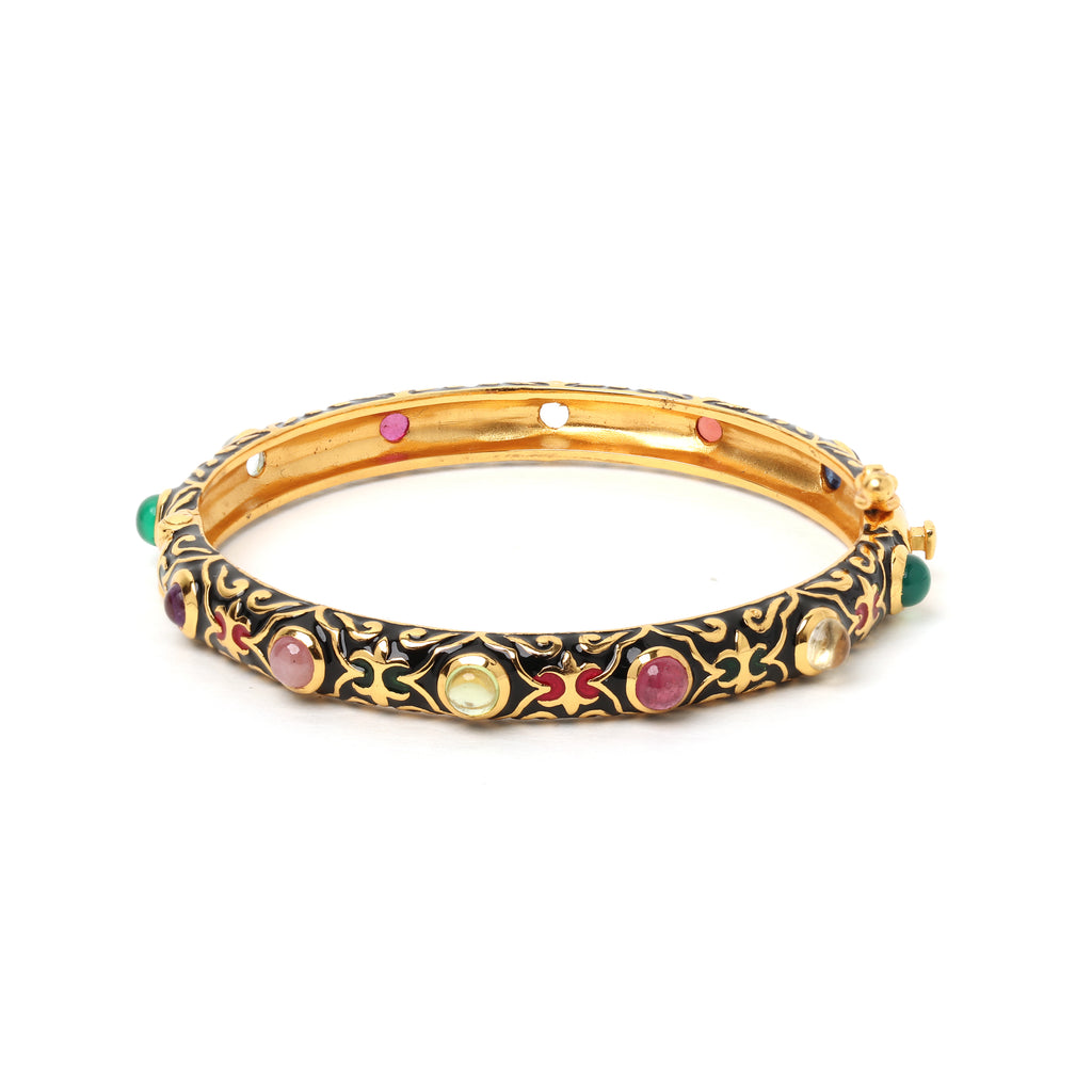 Multigemstone bracelet with black enamel in gold plated sterling silver