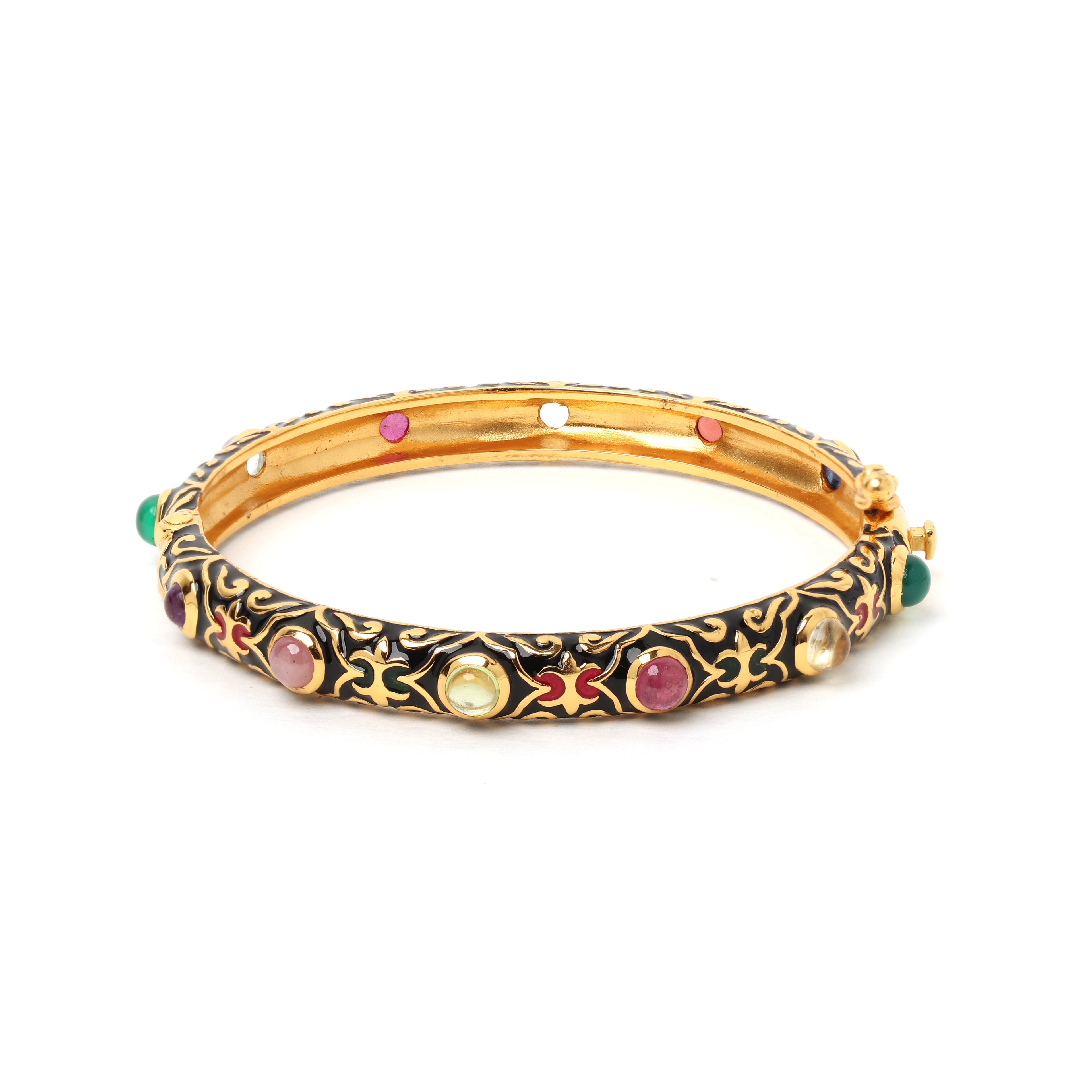 Multigemstone bracelet with black enamel in gold plated sterling silver