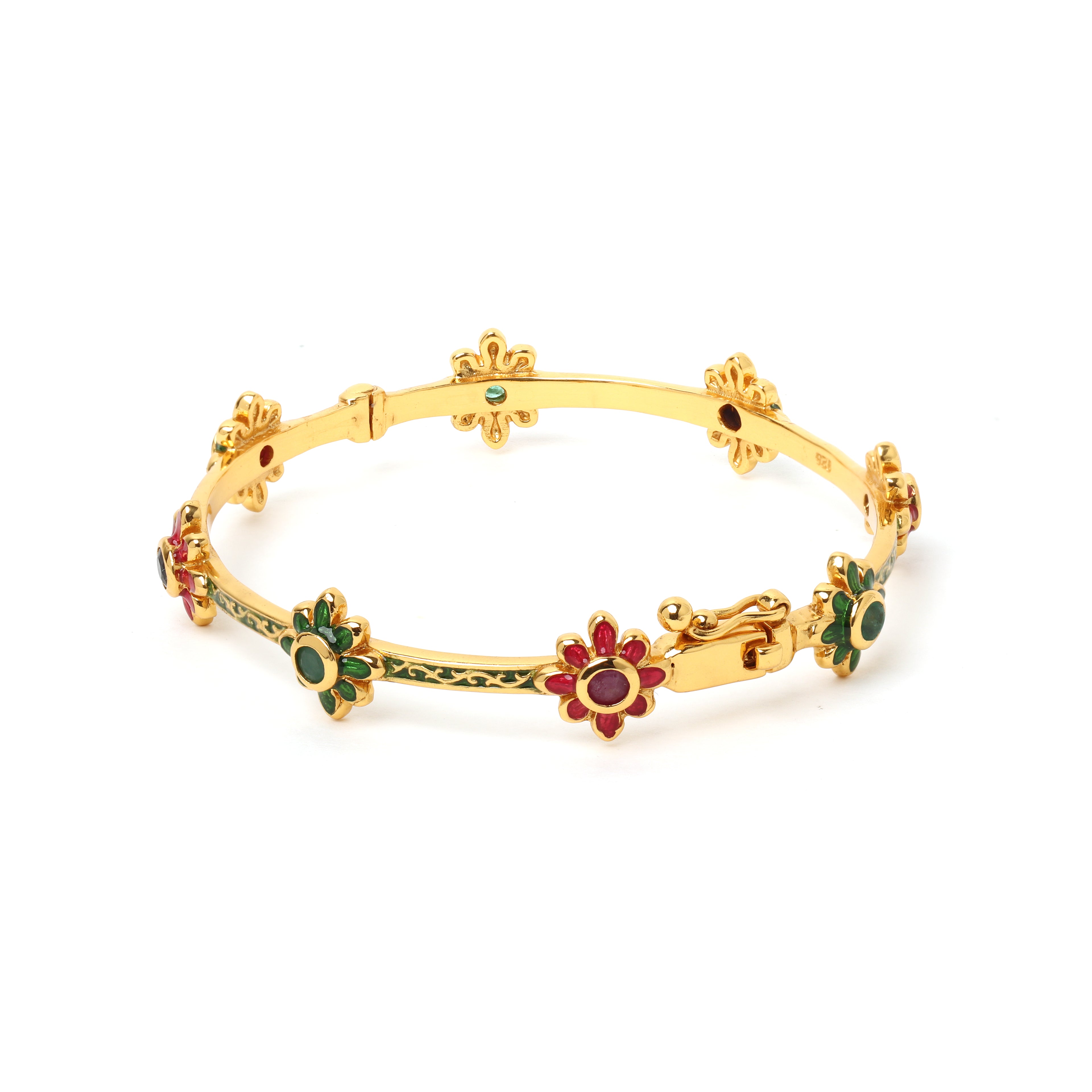 Luxury gemstone flower bracelet with green enamel detailing