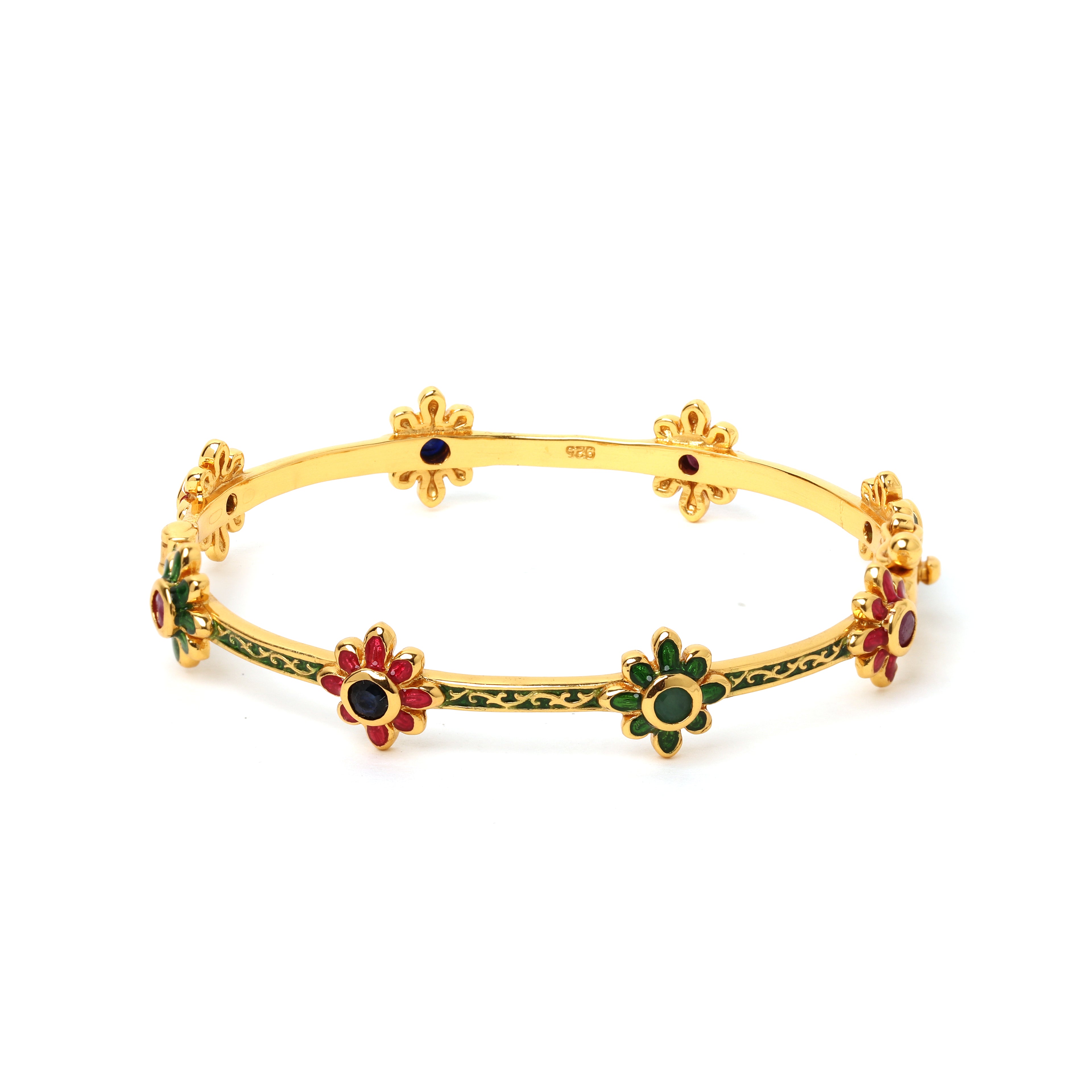 Ruby and sapphire floral bracelet in gold plated sterling silver
