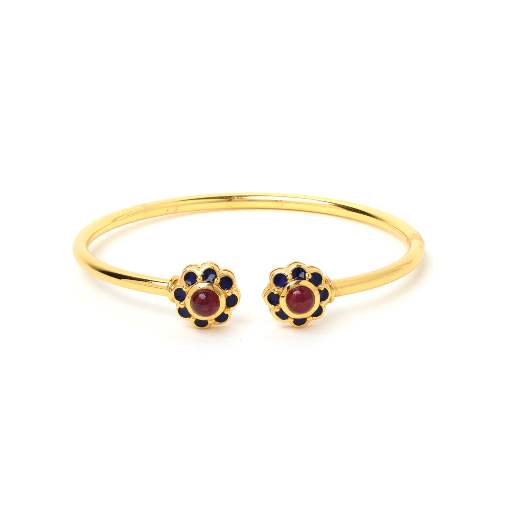 Natural ruby floral cuff bracelet in gold plated sterling silver