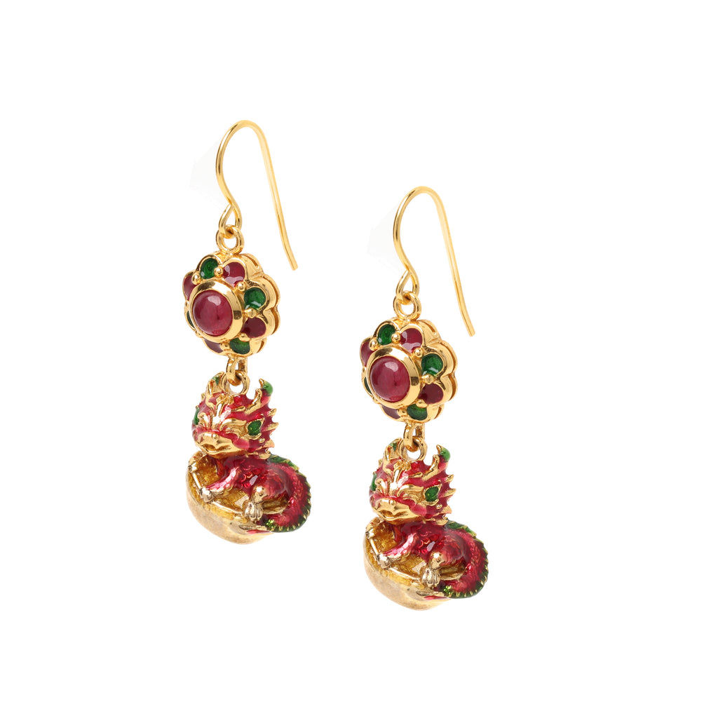 Handcrafted ruby dragon earrings with red and green gemstone accents