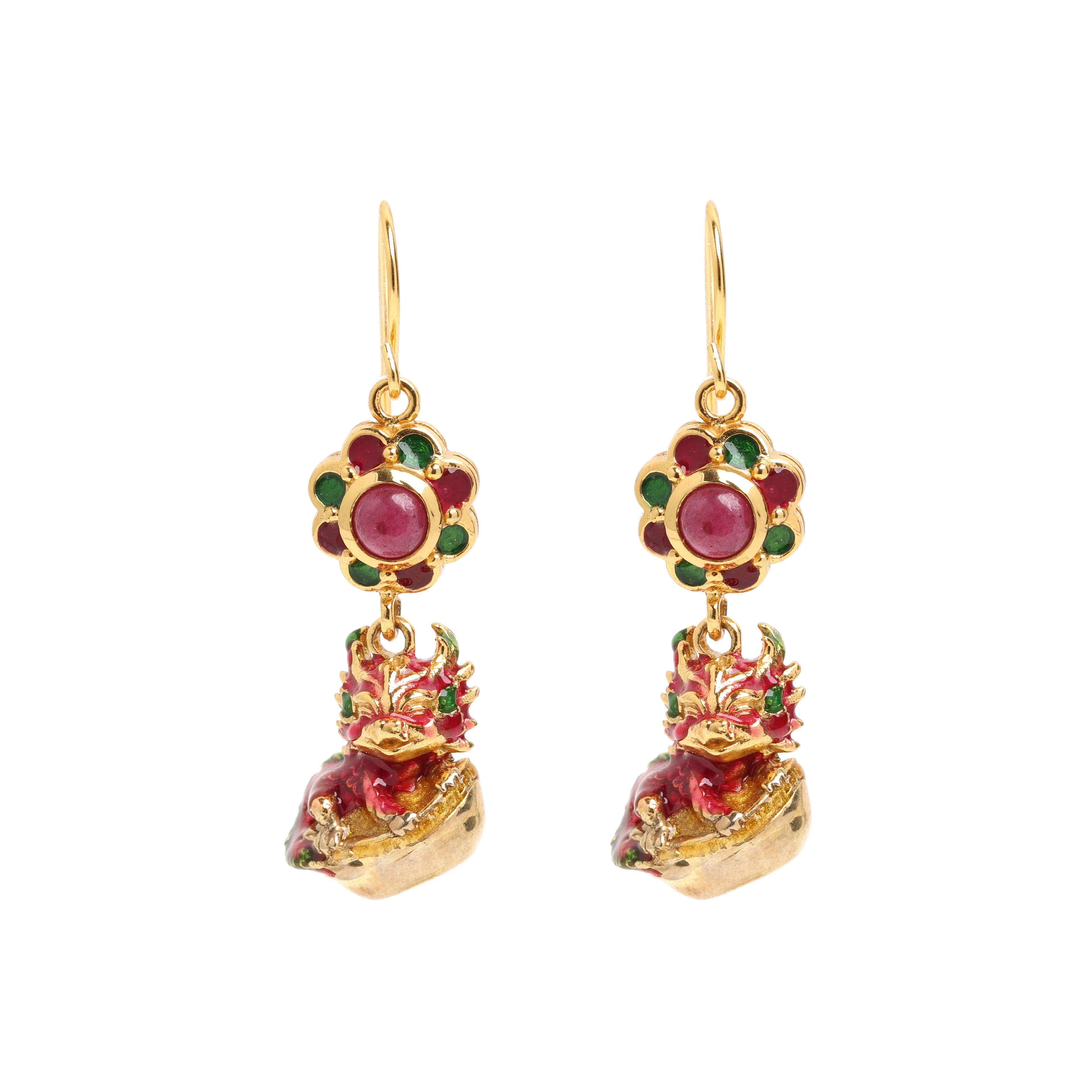 Natural ruby dragon drop earrings in 14K gold plated sterling silver