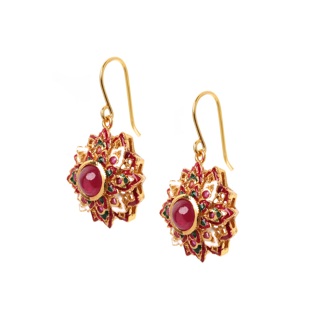 Luxury ruby drop earrings with artisan floral design