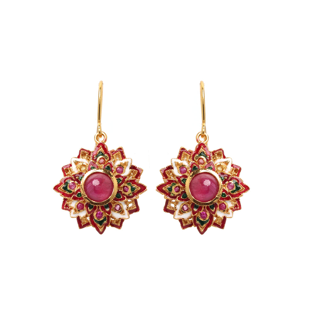 Natural ruby floral earrings in gold plated sterling silver