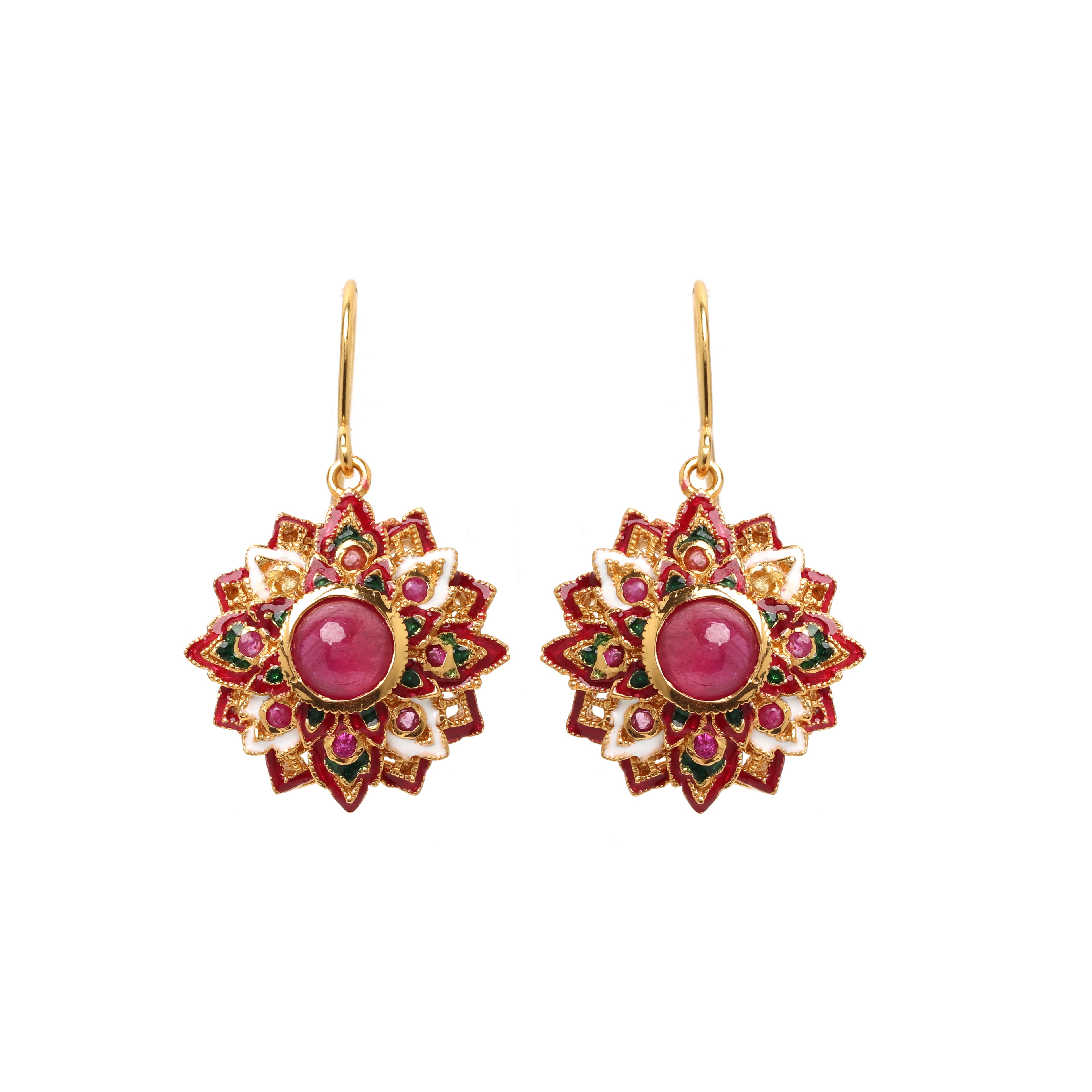 Natural ruby floral earrings in gold plated sterling silver