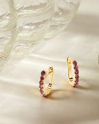 Pink tourmaline gold hoop earrings — side view