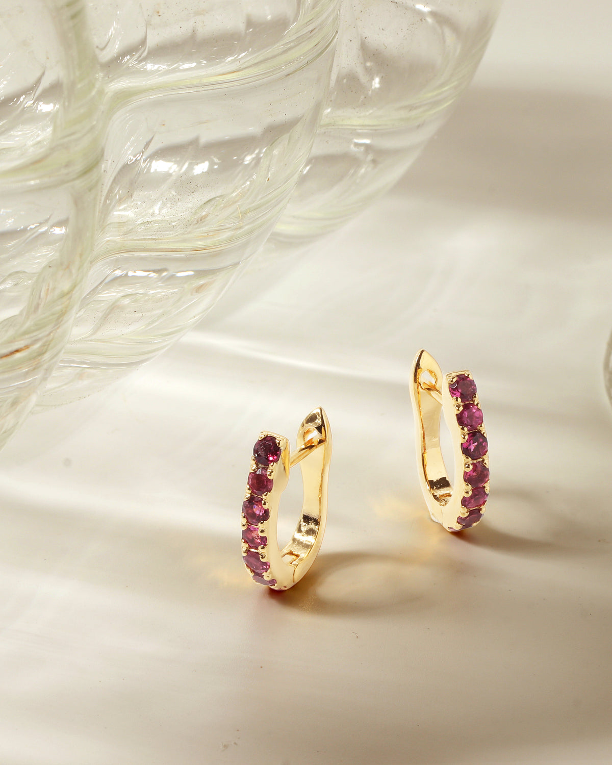 Pink tourmaline gold hoop earrings — side view